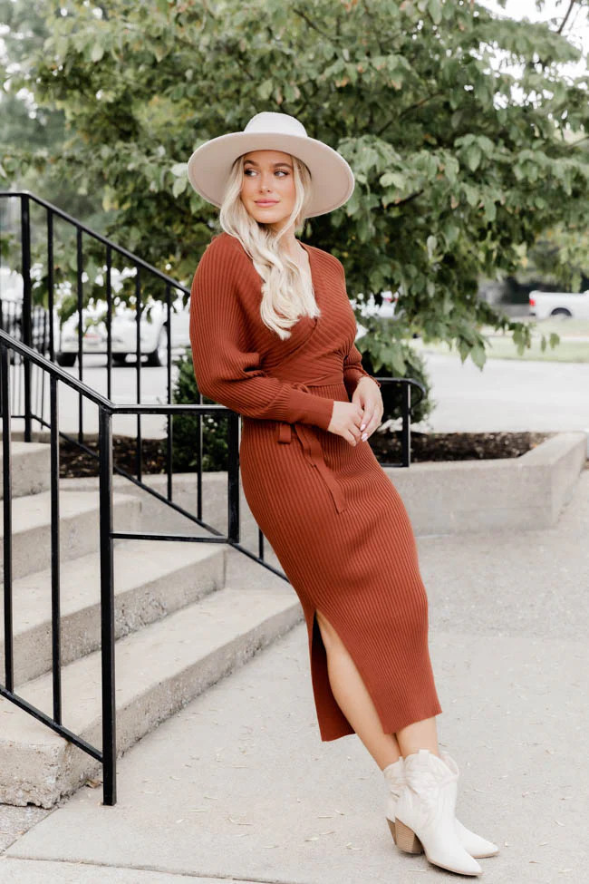 Main Event Burnt Orange Wrap Sweater Dress | Pink Lily