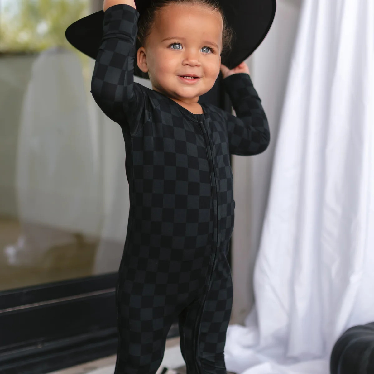 Infant Romper in Grey + Black Checkered | Silks Design