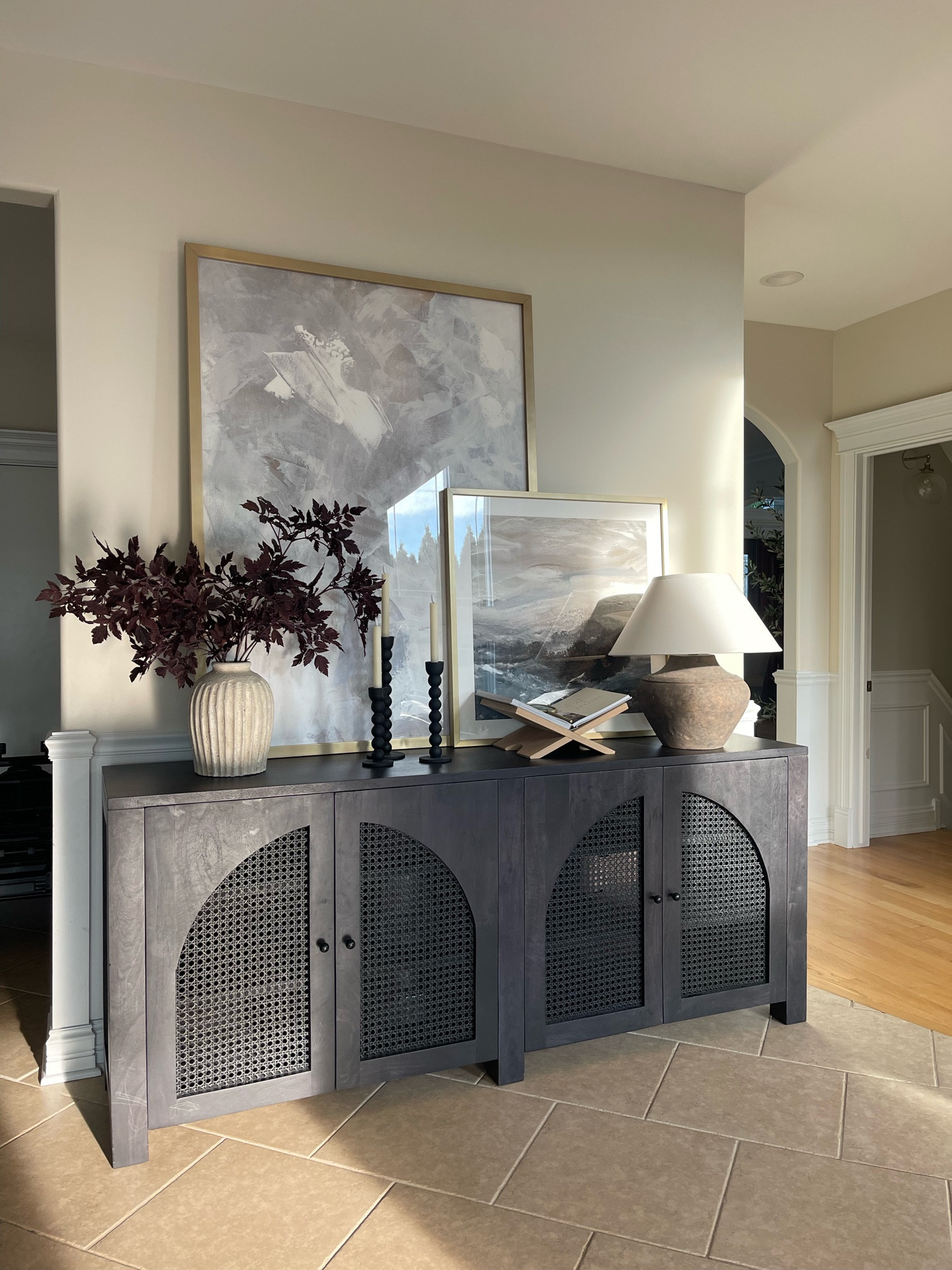 Sideboard styling inspo using large size art snd layering each piece! It is giving me a designer inspired look. 

#LTKstyletip #LTKsalealert #LTKhome