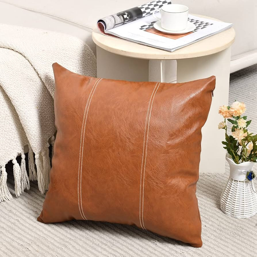Fancy Homi Brown Boho Faux Leather Decorative Throw Pillow Covers 20x20 Inch for Living Room Couc... | Amazon (US)