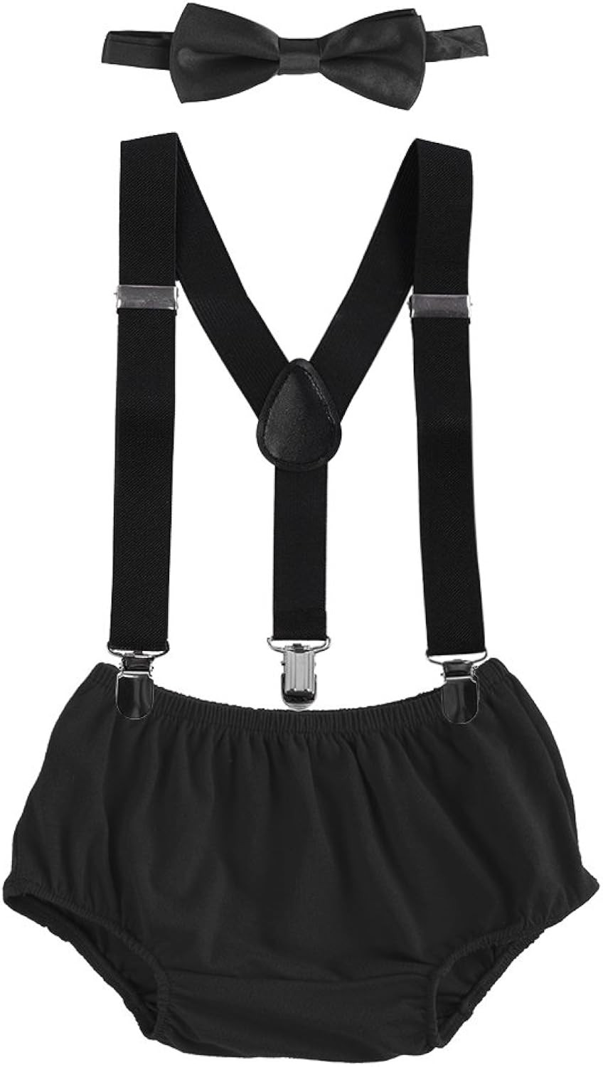 Baby Boys Cake Smash Outfit First Birthday Bloomers Bowtie Suspenders Clothes set | Amazon (US)