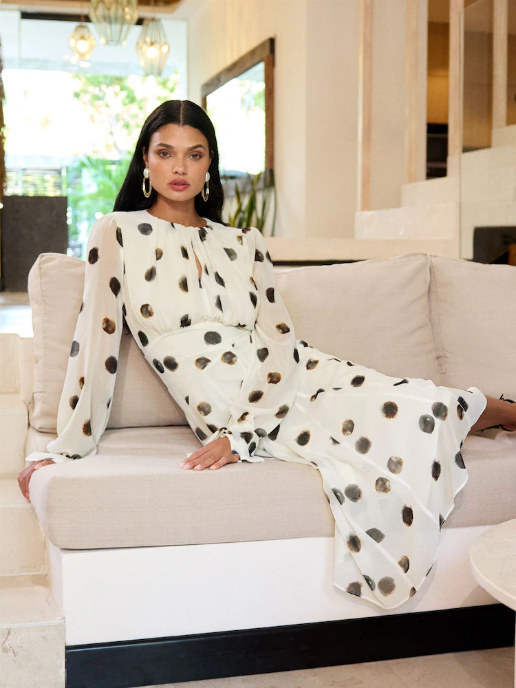 Lipsy White Long Sleeve Underbust Fit And Flare Midi Dress | Next EU