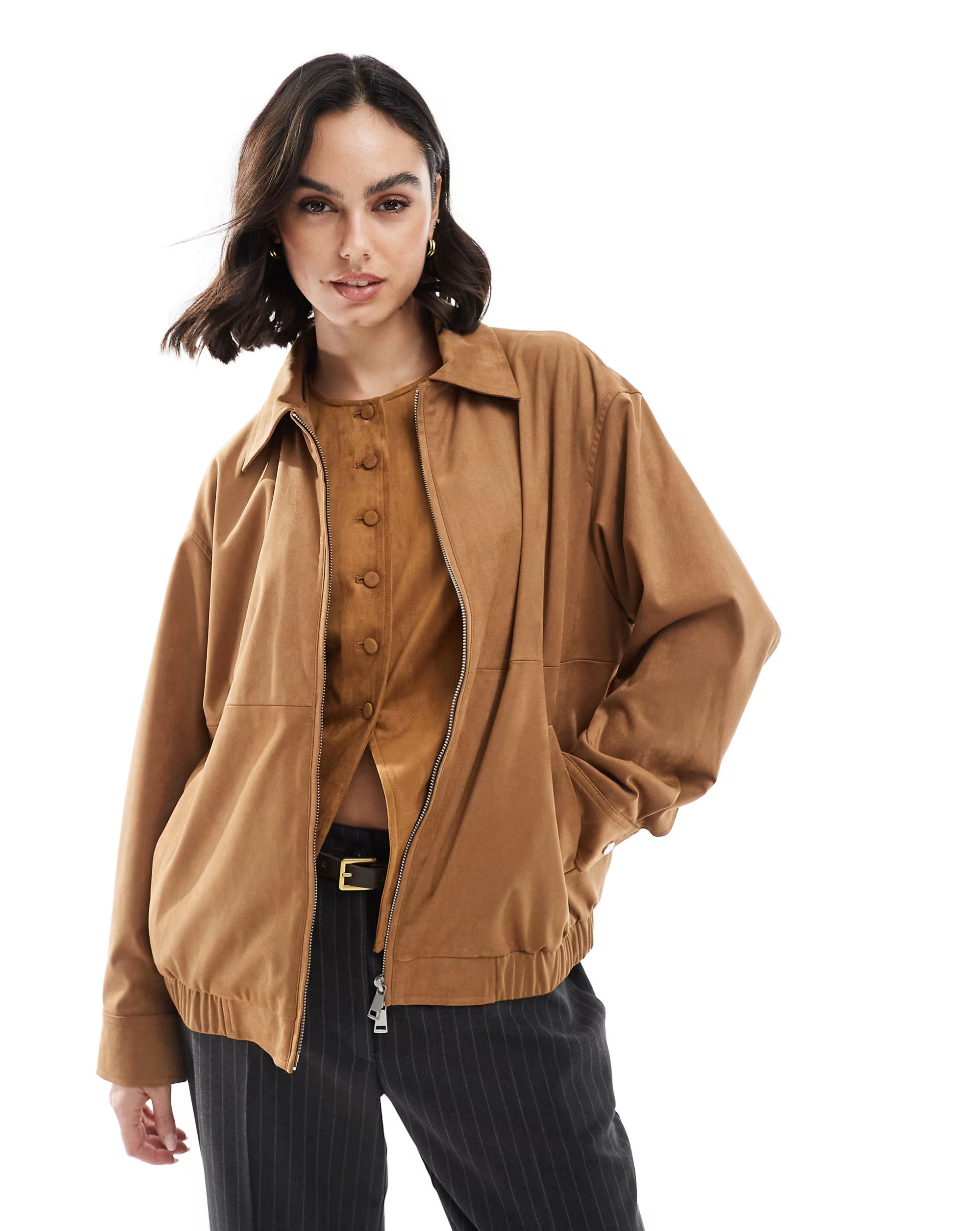 Stradivarius faux suede bomber jacket in tan | ASOS | ASOS (Global)