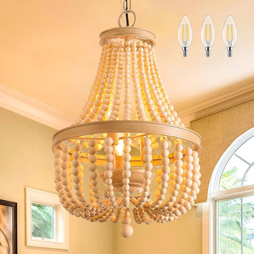 SUNOVO Wood Bead Chandelier Light Fixture, 3-Lights Antique Rustic Pendant Light, Farmhouse Beade... | Amazon (US)