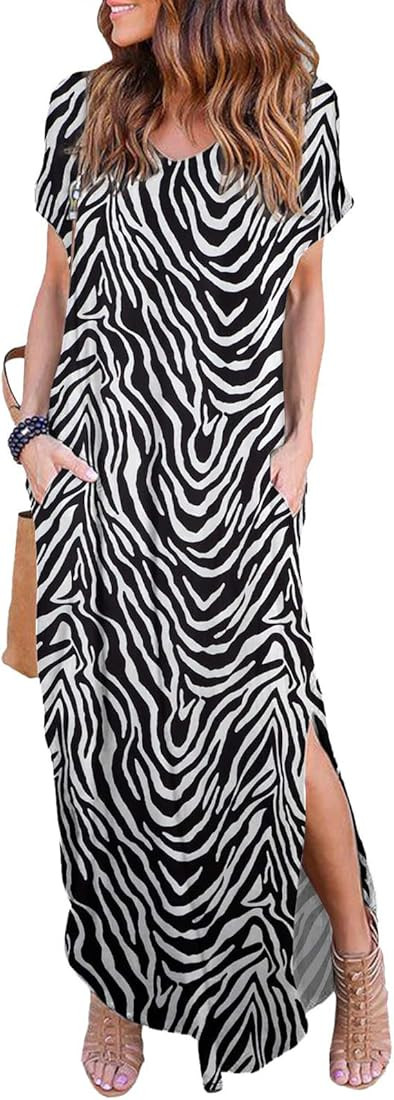 HUSKARY Women's Summer Maxi Dress Casual Loose Pockets Long Dress Short Sleeve Split Maxi Dresses | Amazon (US)