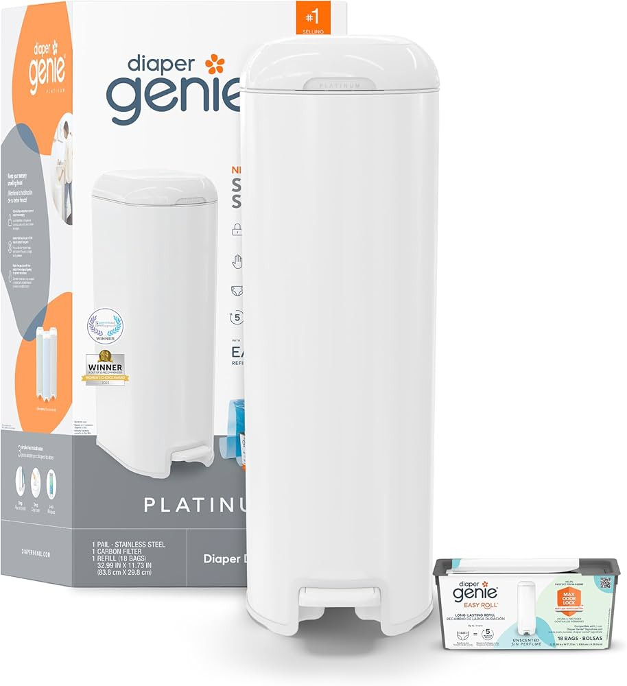 Diaper Genie Platinum Pail (Lilly White) is Made of Durable Stainless Steel and Includes 1 Easy Roll Refill with 18 Bags That can Last up to 5 Months. | Amazon (US)