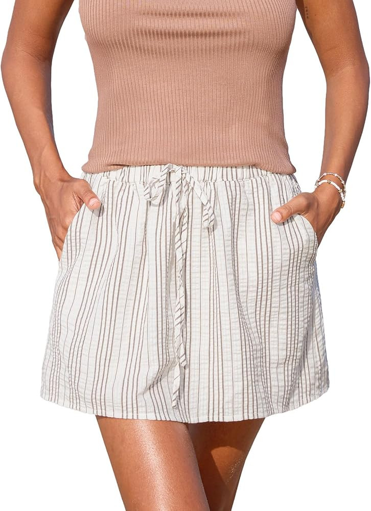 CUPSHE Women’s Stripe Skirts Skort Elastic Waist Drawstring Tied Textured Fit Summer Casual Sho... | Amazon (US)