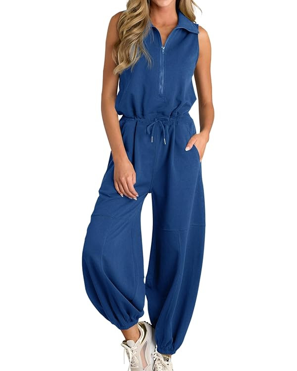 Cicy Bell Womens Casual Zip Up Jumpsuits Sleeveless Summer Workout Romper Drawstring Elastic Wais... | Amazon (US)