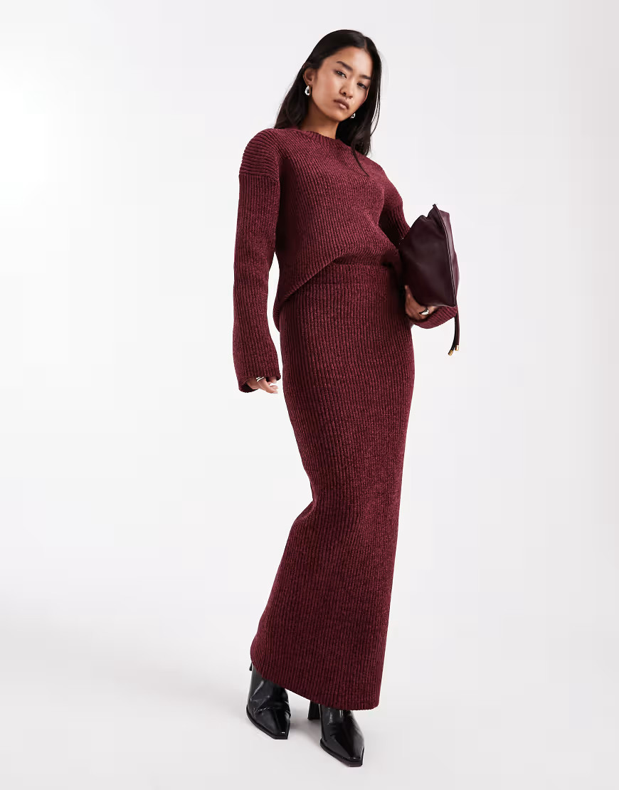 4th & Reckless soft ribbed knit maxi skirt co-ord in burgundy-Red | ASOS (Global)