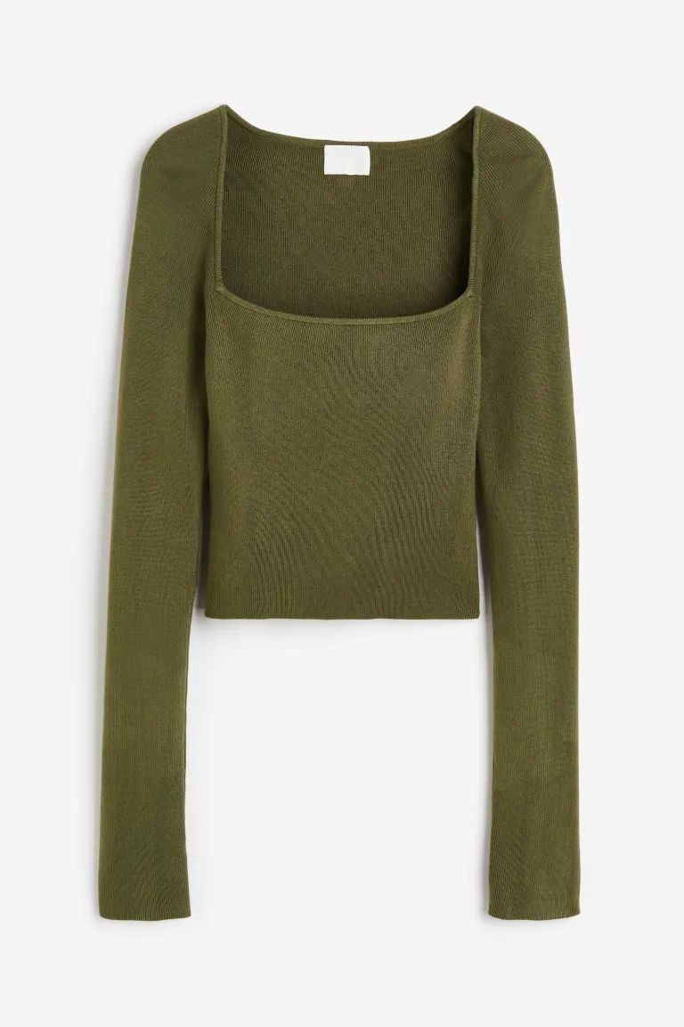 Square-neck Crop Top - Dark khaki green - Ladies | H&M US | H&M (US + CA)