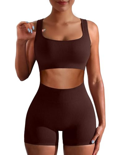 Workout Sets for Women Two Piece Sets for Women Summer Seamless Ribbed High Waist Leggings with Sports Bra Gym Sets (Coffee, Large) | Amazon (US)