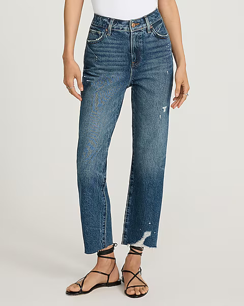 High Waisted 50/50 Rigid Stretch Paint Splatter Straight Ankle Jeans | Express