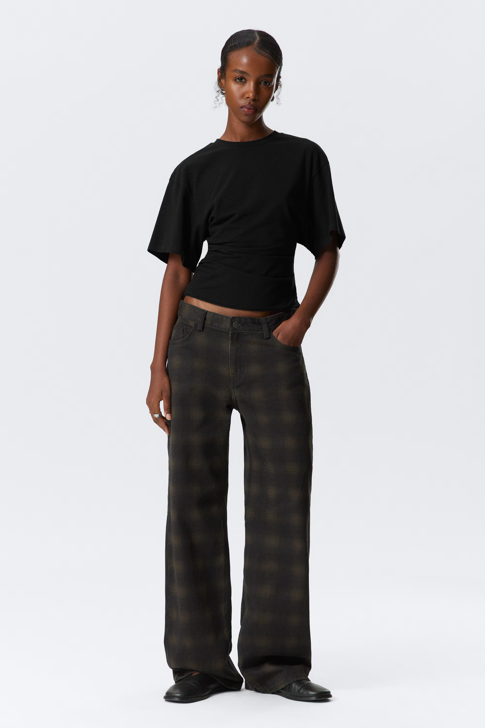Low Rise Straight Leg Checked Twill Trousers | Weekday