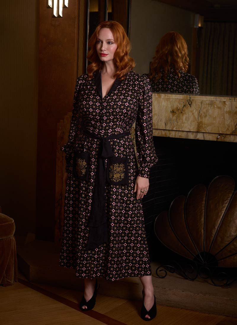 Christina Hendricks X Joanie - Vetiver Foulard Print Smoking Jacket Midi Dress | Joanie