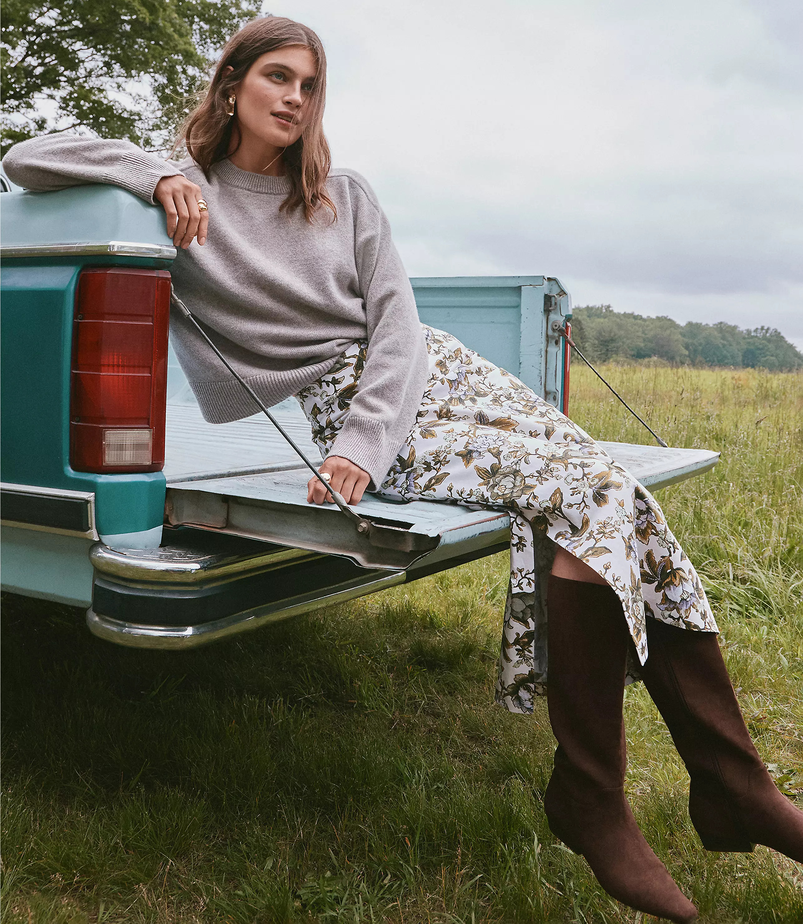 Floral Side Ruched Midi Skirt | LOFT