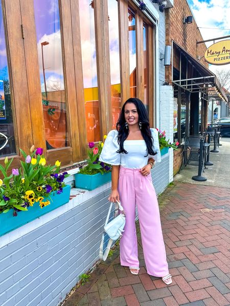 Under $35 amazon light pink trouser pants (small, multiple colors), under $30 amazon puff sleeve white top (small, 5+ colors), under $30 amazon saddlebag purse, under $15 pearl earrings and $35 target pearl heels #founditonamazon 

#LTKSaleAlert #LTKSeasonal #LTKFindsUnder50