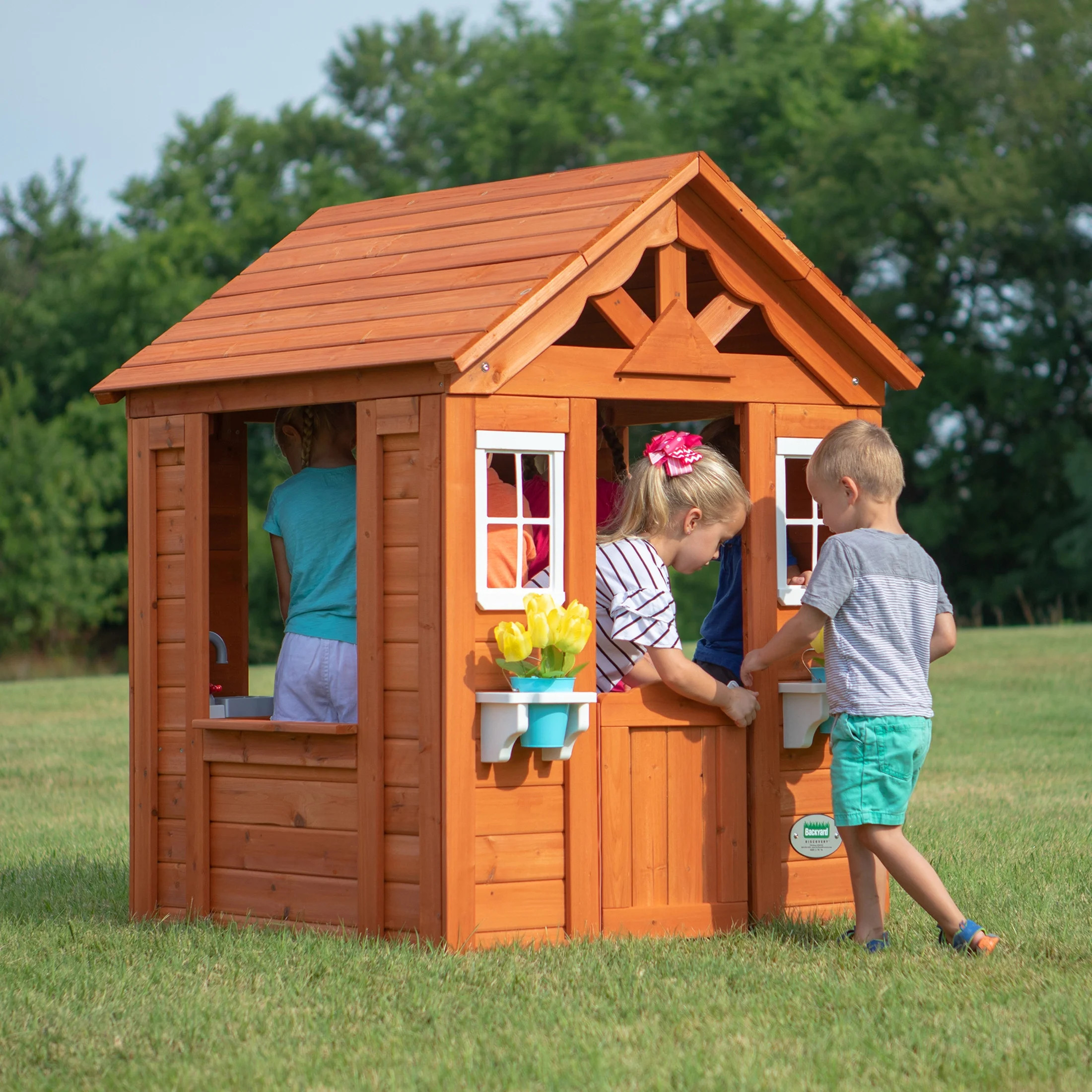 Backyard Discovery Timberlake Cedar Wooden Kids Playhouse, Play Kitchen, Snack Bar Window | Walmart (US)