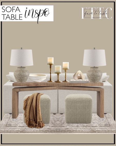 Sofa Table Inspo. Follow @farmtotablecreations on Instagram for more inspiration.

Henn 78.75'' Solid Wood Console Table. Adstock Ceramic Table Lamp. Peasely Upholstered Pouf. Booker Pillar Candleholder. Thayer Ceramic Bowl. Artisan Extruded Object. Amber Lewis x Loloi Alie Taupe / Dove Area Rug. Dreamy Handwoven Fringe Throw. Pottery Barn Decor. Pottery Barn Decor Finds. Console Table Styling. Console Table Decor. Home Decor. Entryway Decor. Sofa Table Decor. 

#LTKSaleAlert #LTKHome #LTKFindsUnder50