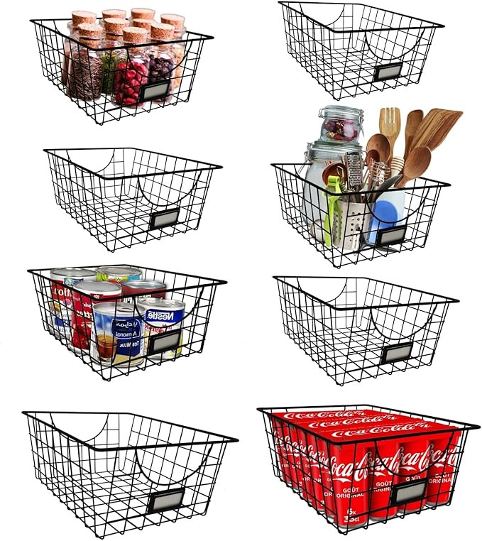 8 Pack[ Extra Large] Wire Storage Baskets for Pantry Including 12 S Hooks, Pantry Organization Bi... | Amazon (US)