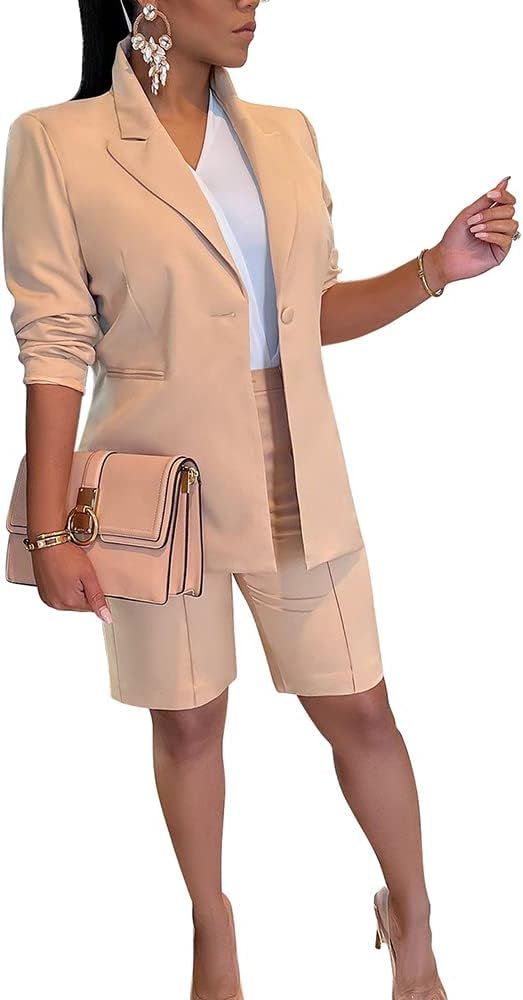 Women's Blazer Suits Two Piece Business Outfits Long Sleeve One Button Suit Jackets Short Work Pants | Amazon (US)