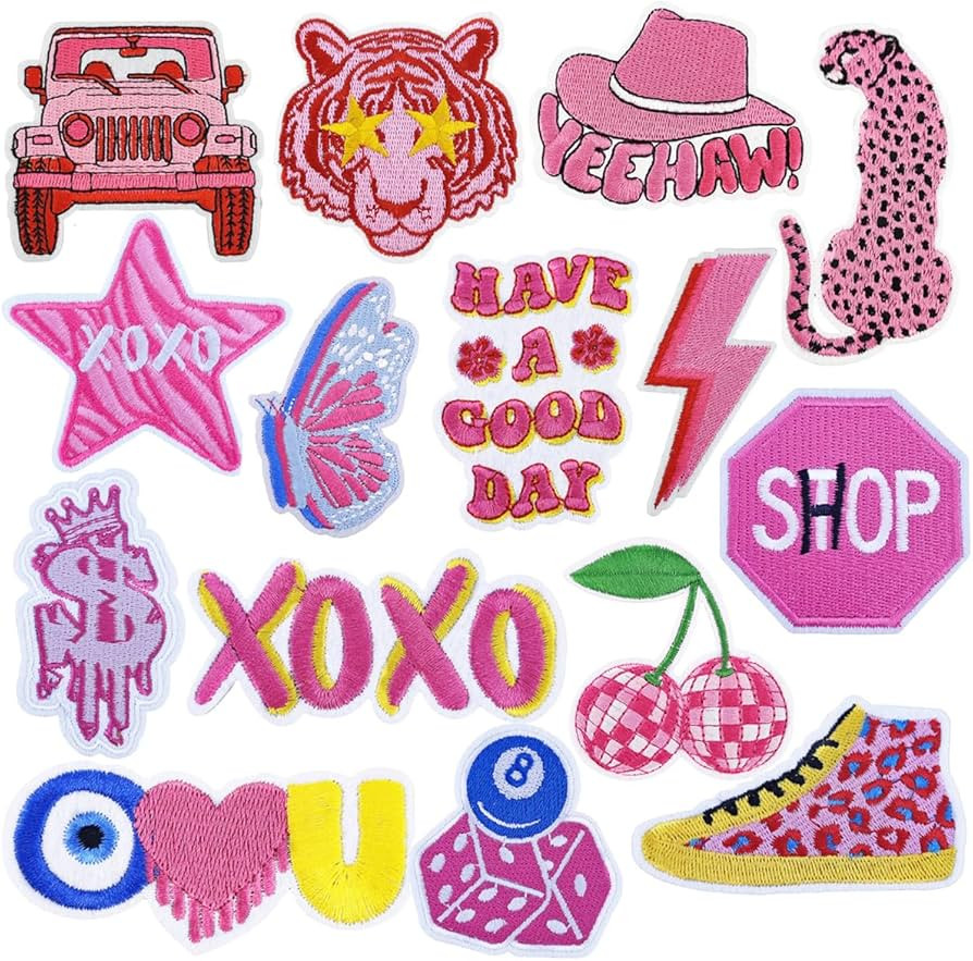16PCS Pink Preppy Iron on Patches Embroidered Sew on Patch Applique Embellishments for Hats Cloth... | Amazon (US)