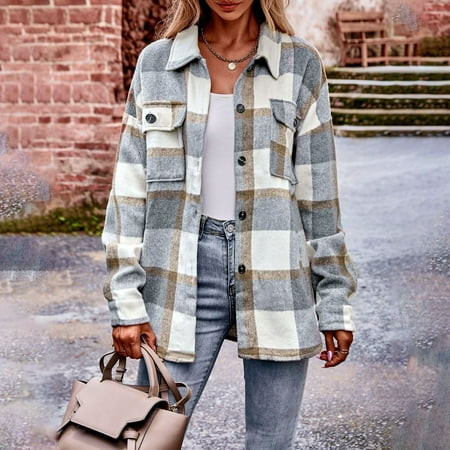 Shackets for Women 2024 Soft Plaid Loose Shacket Relaxed Fit Warm Shirt Jacket Blouses Light Gray XXL | Walmart (US)