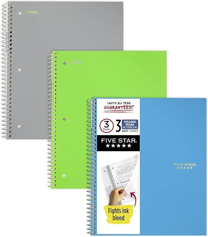 Five Star Spiral Notebooks, 3 Subject, College Ruled Paper, 150 Sheets | Amazon (US)