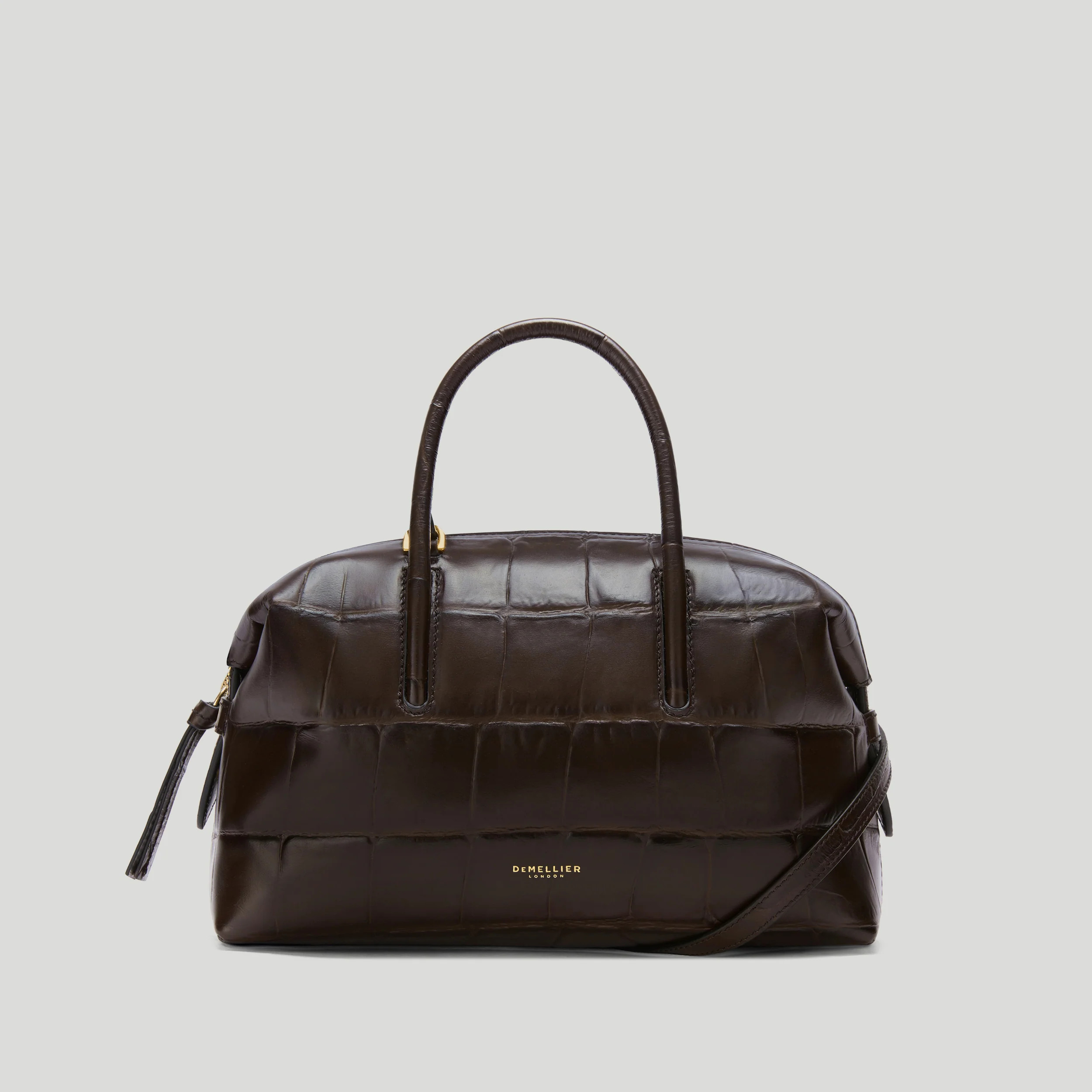 DeMellier The Small Stockholm in Dark Chocolate Large Croc-Effect Leather Top handle bag | DeMellier