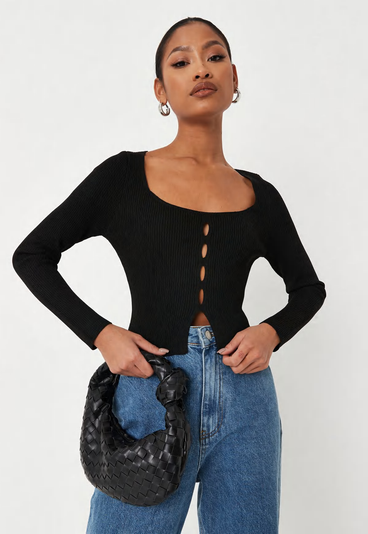 Black Rib Scoop Neck Cut Out Detail Knit Top | Missguided (US & CA)