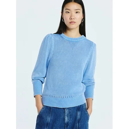 Scoop Women’s Acid Wash Cotton Sweater with Long Puff Sleeves, Midweight, Sizes XS-XXL | Walmart (US)