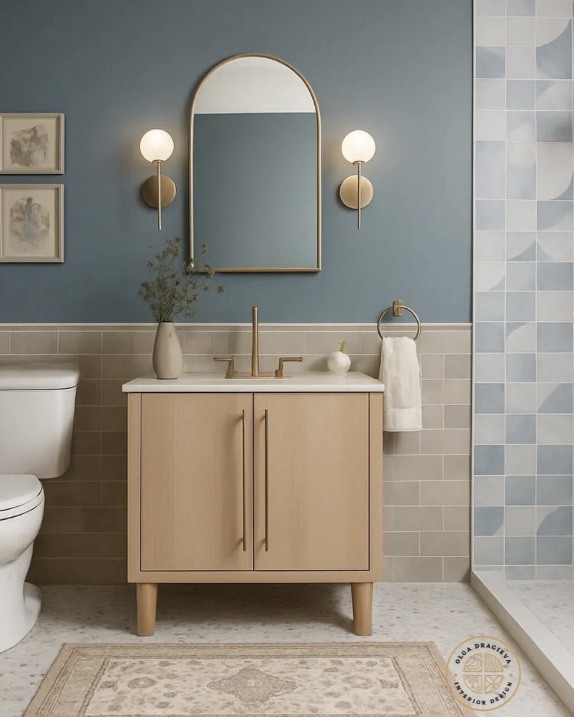Gorgeous bathroom design, bathroom vanity from West Elm, beautiful arched medicine cabinet, geometric tile, seaside art, wall sconces. #bathroom #homedecor 