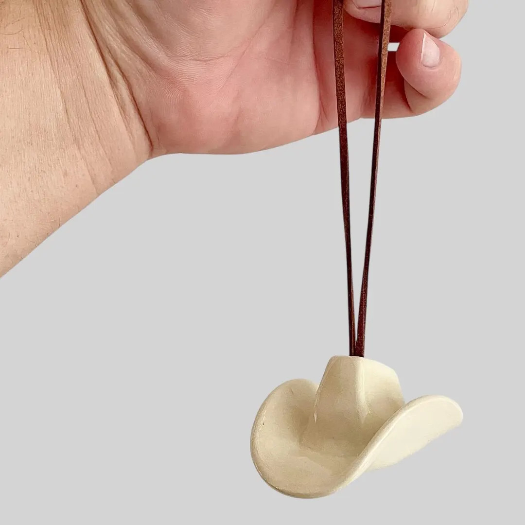 Small Ceramic Cowboy Hat Ornament with Vegan Leather Cord - Clear Parchment Glaze | Etsy (US)