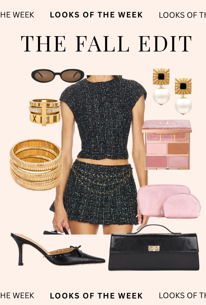 The Fall Edit: Tweed outfit inspo, gold jewelry, black heels, and pink makeup bag essentials. A chic fall look for city girls who love polished minimalism. #falloutfit #ltkfall #ltkfashion #tweedset #goldjewelry #blackheels #ltkstyle #ltkbeauty

#LTKBeauty