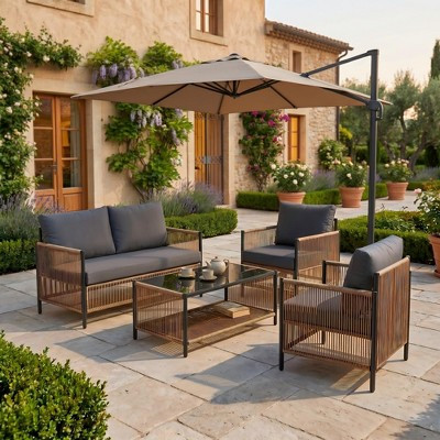 Modern 4-Piece Outdoor Rope Wicker Patio Conversation Set - Minimalist Boho Loveseat, 2 Armchairs and Tempered Glass Coffee Table, Dark Gray | Target