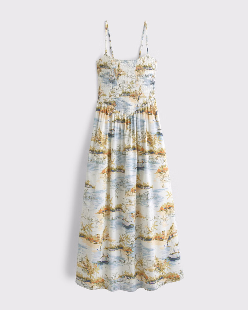 Dipped-Waist Smocked Midi Dress | Abercrombie & Fitch (US)