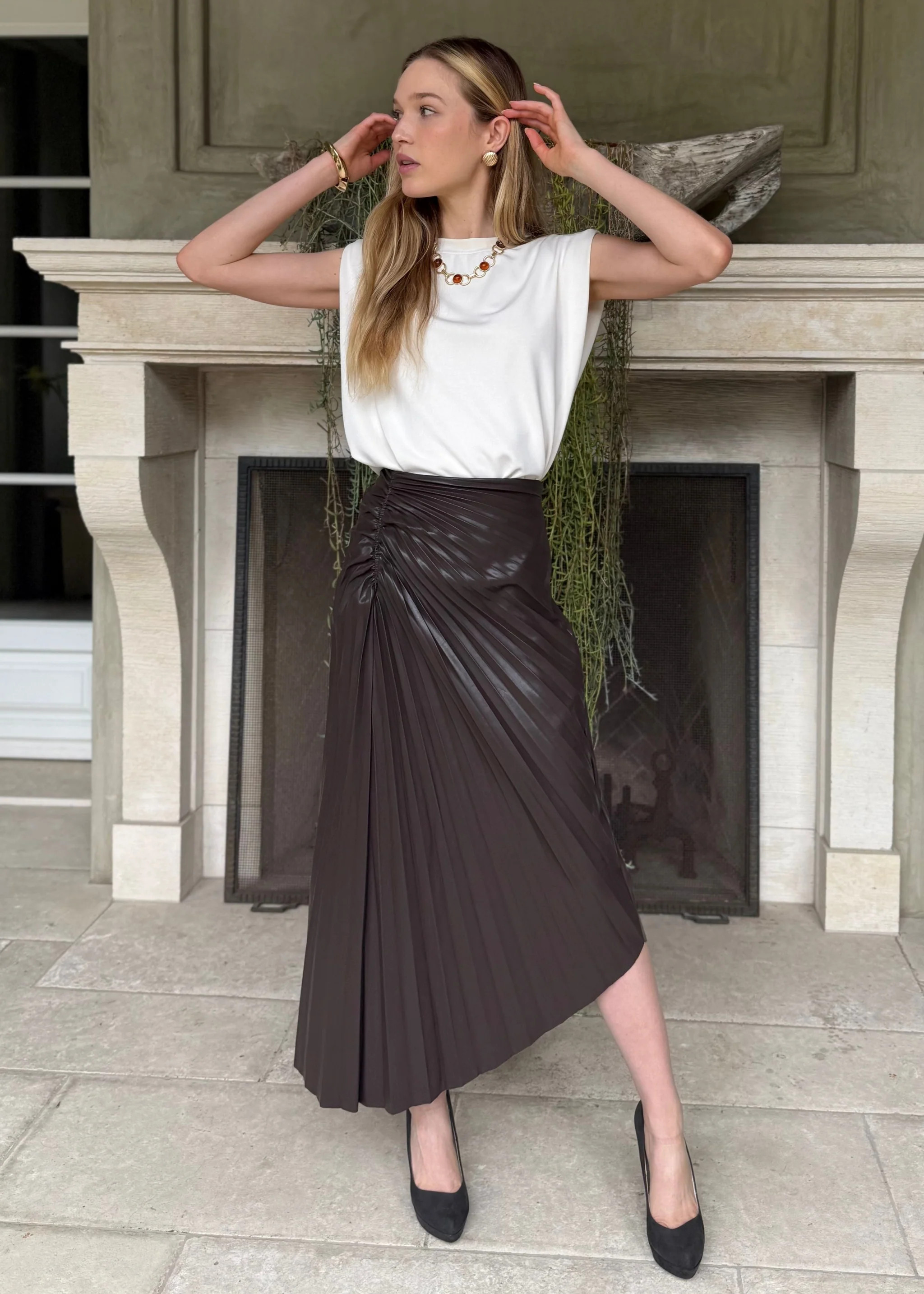 Brielle Brown Asymmetric Pleated Vegan Leather Midi Skirt | Benaar La