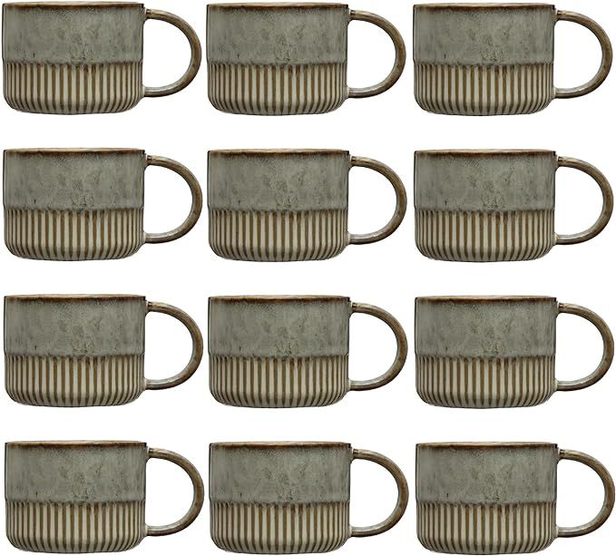 Creative Co-Op Stoneware Crimped Bottom, Reactive Glaze, Set of 12 Mug Set, 6" L x 4" W x 3" H, G... | Amazon (US)