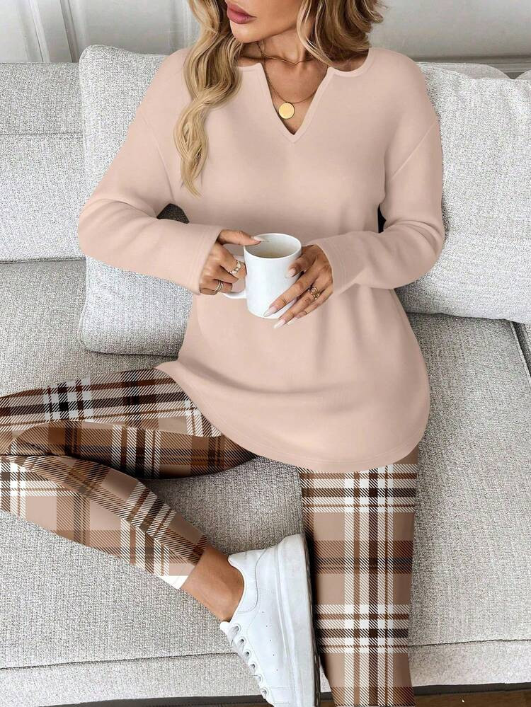 SHEIN LUNE 2pcs/Set Women Long Sleeve T-Shirt And Leggings, Autumn/Winter Work From Home Outfit Comfortable Outfits For Women Lounge Wear Breakfast Outfits For Women 2 Piece Lounge Sets Woman | SHEIN