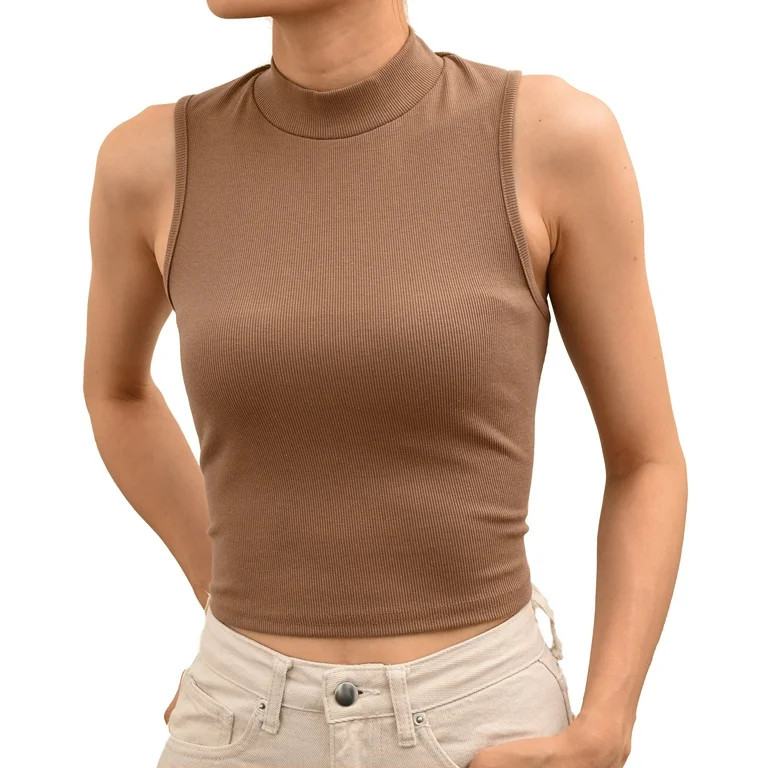 Arcarius Women’s Sleeveless Mock Neck Tops for Women, Rib Knit Crop Tank Top (Brown, Large) | Walmart (US)