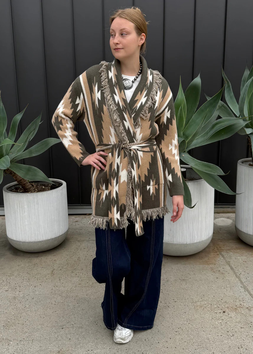 Kassidy Western Pattern Fringe Wrap Cardigan with Belt Tie | Benaar La