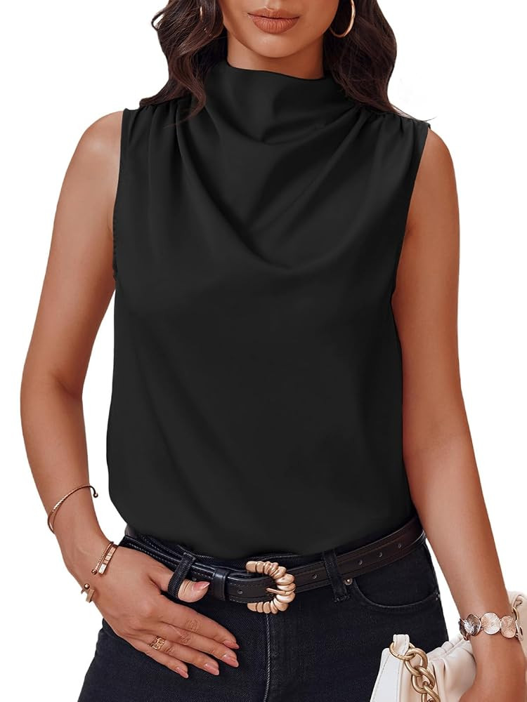 Cicy Bell Womens Mock Neck Satin Tank Tops Business Casual Work Ruched Blouses Summer Corporate O... | Amazon (US)