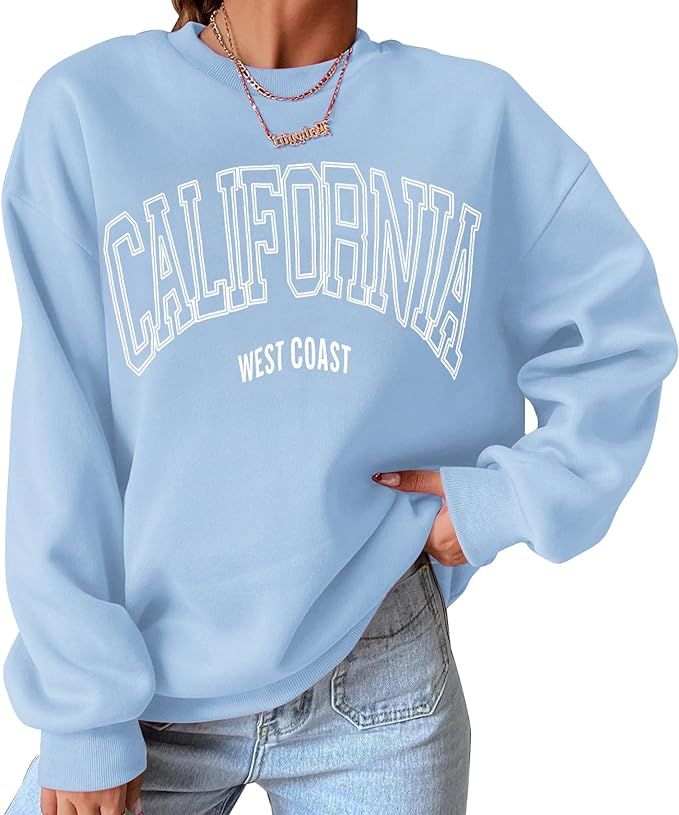 Cioatin Women’s Oversized California Letter Graphic Crew Neck Sweatshirt Drop Shoulder Baggy Fl... | Amazon (US)