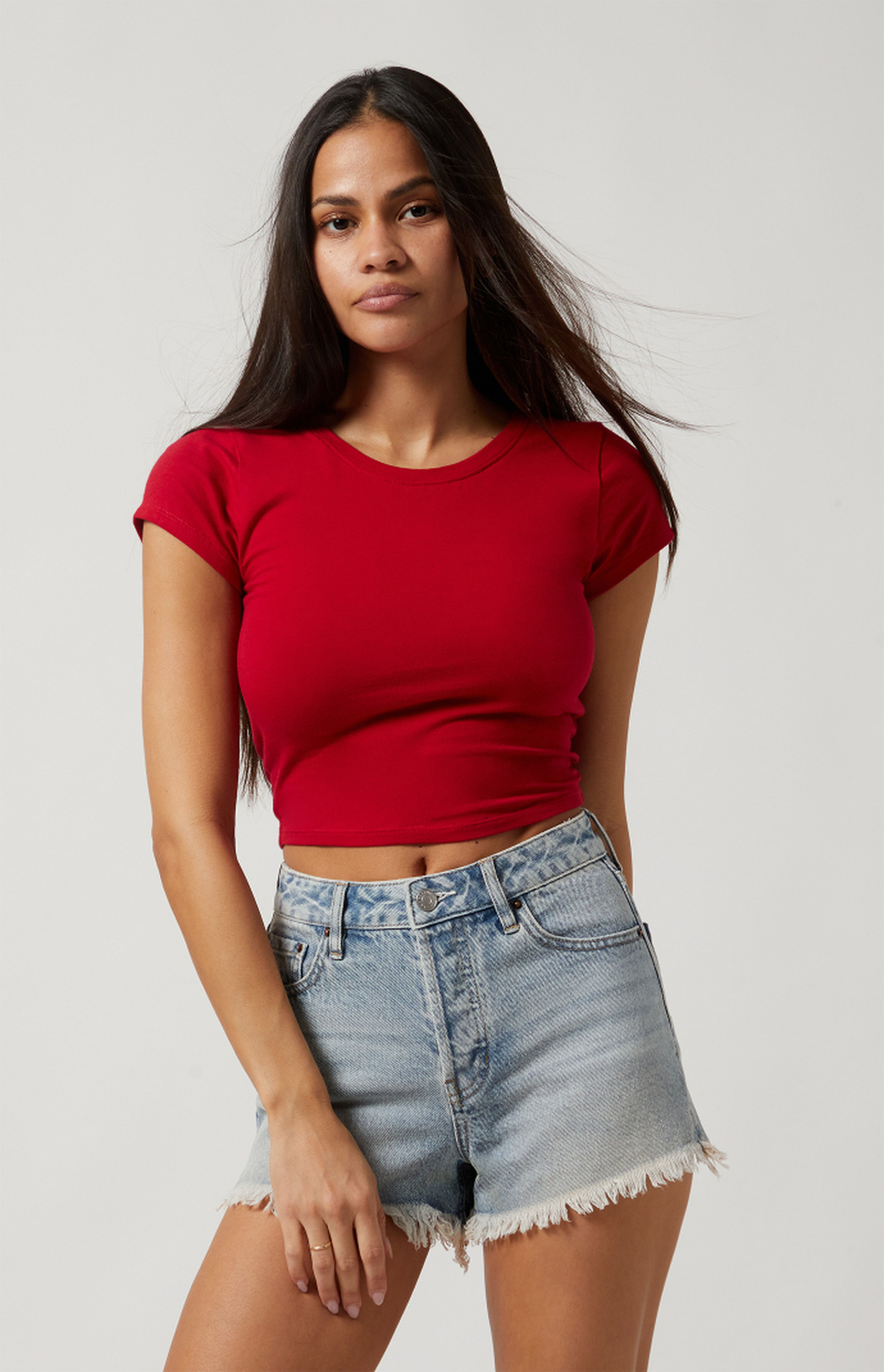 Pacsun Light Indigo Frayed Button Fly High Waisted Denim Festival Shorts | PacSun