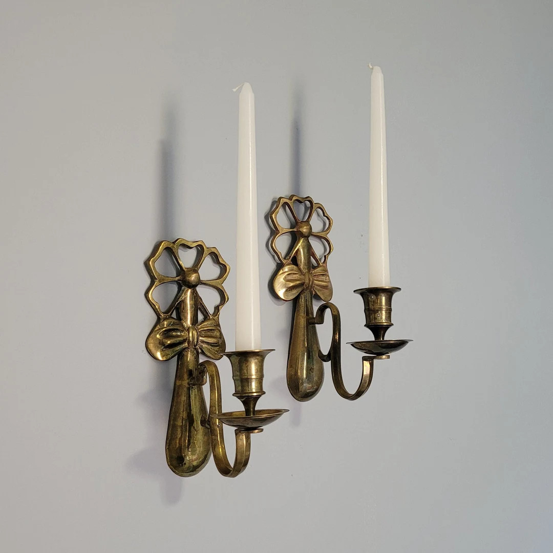 Vintage Pair Brass Wall Sconces Candleholders for Tapers - Flower and Bow Design - Ornate Gold Me... | Etsy (US)