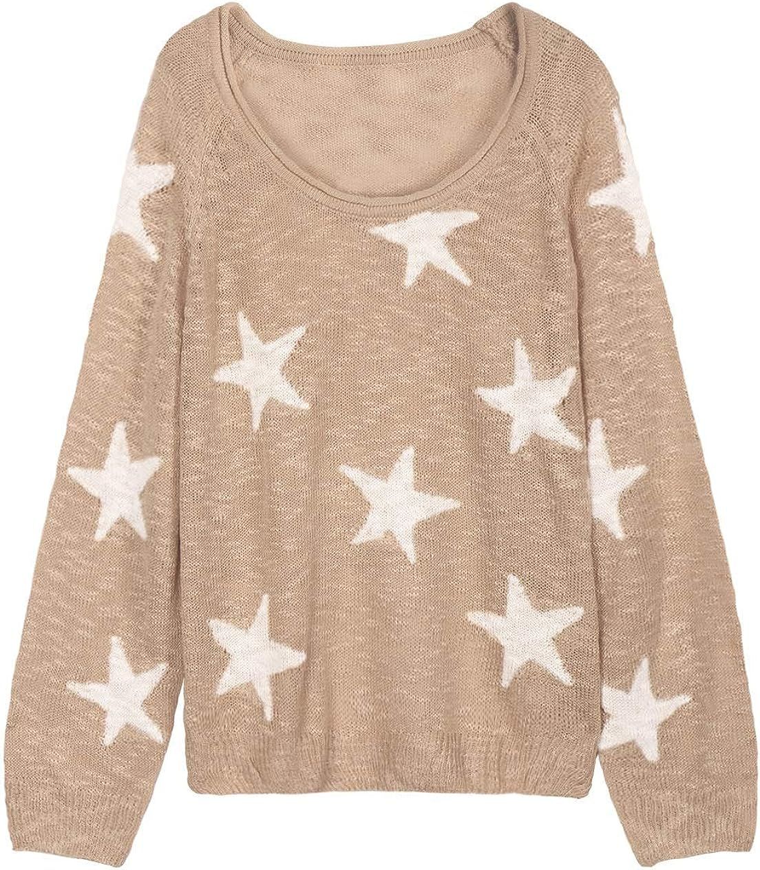 COCOLEGGINGS Women's Boat V Neck Long Sleeve Star Pullover Sweater Tunic Tops | Amazon (US)