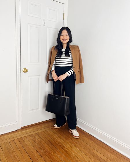 Brown blazer (0)
Black and white striped sweater (XS)
Black pants (28S)
Black tote bag
White loafers (TTS)
Business casual outfit
Abercrombie outfit
Neutral outfit
Work outfit

#LTKfindsunder100 #LTKworkwear #LTKstyletip