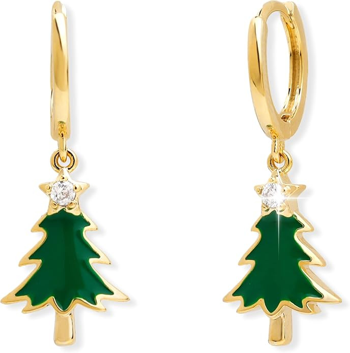 Sonateomber Christmas Tree Dangle Small Gold Hoop Earrings for Women, Cute Sparkly CZ Rhinestone ... | Amazon (US)