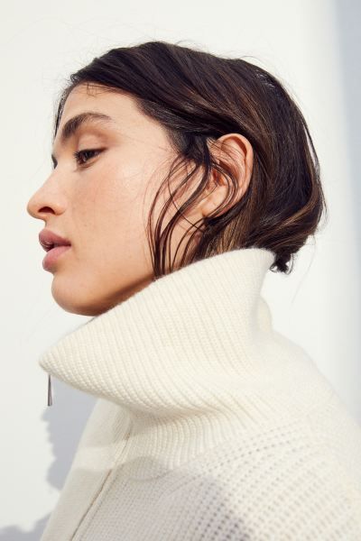 Zip-top rib-knit jumper - Cream/Striped - Ladies | H&M GB | H&M (UK, MY, IN, SG, PH, TW, HK)