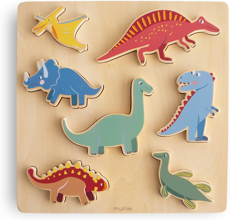 mushie Wooden Dino Puzzle | for Kids 3 Years+ | Preschool Educational Montessori Toys (7 pcs) | Amazon (US)