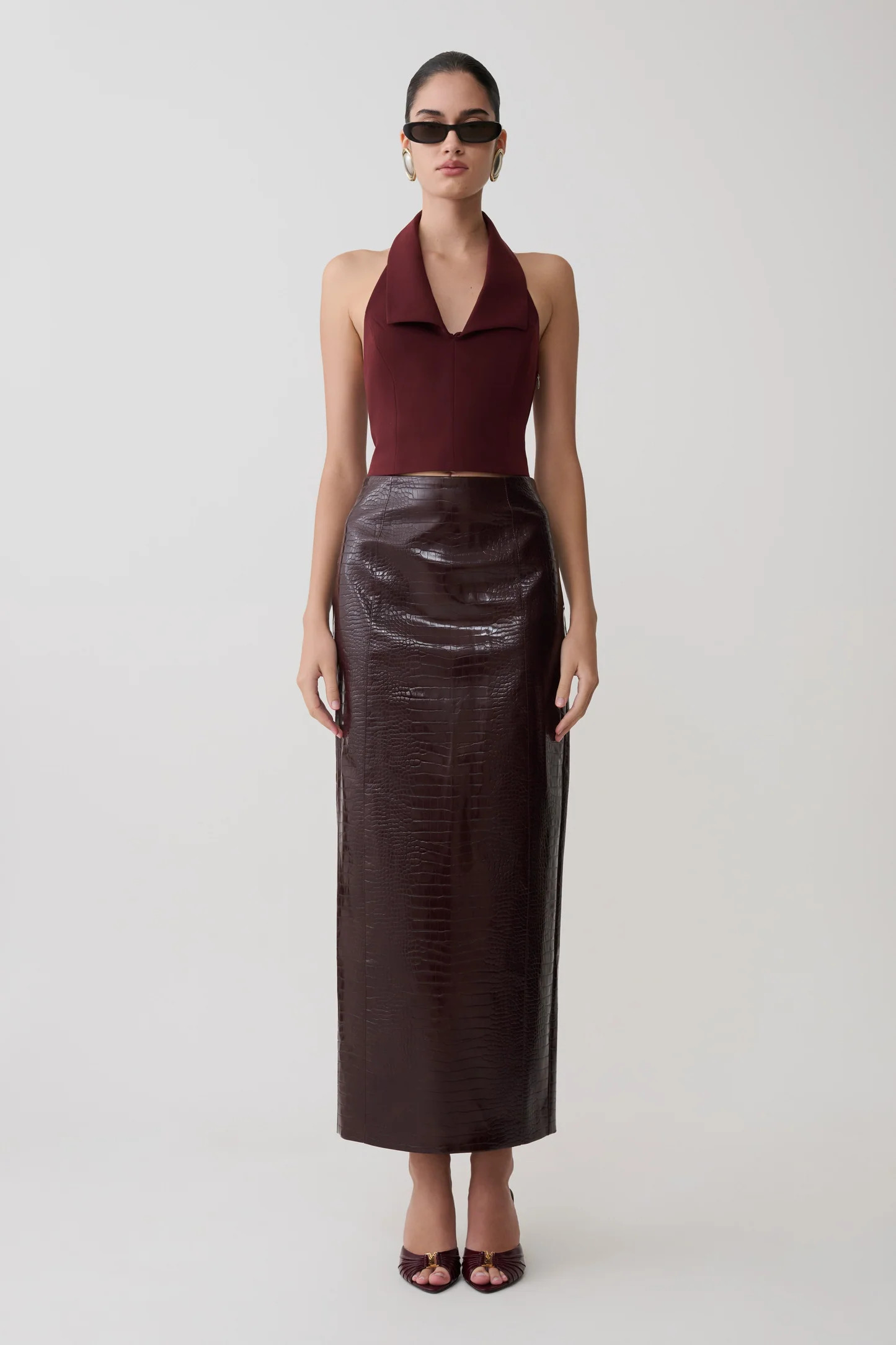 Thalia Croc Faux Leather Midi Skirt - Merlot | MESHKI US